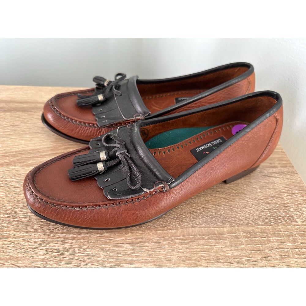 Vintage Greg Norman Men's Classic Brown Black Leather Tassel Loafers Shoes 8.5